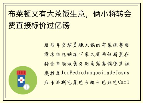 布莱顿又有大茶饭生意，俩小将转会费直接标价过亿镑