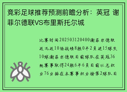 竞彩足球推荐预测前瞻分析：英冠 谢菲尔德联VS布里斯托尔城
