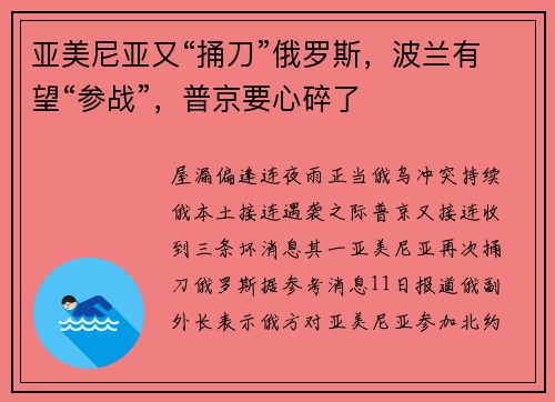 亚美尼亚又“捅刀”俄罗斯，波兰有望“参战”，普京要心碎了