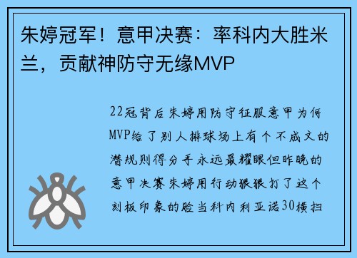 朱婷冠军！意甲决赛：率科内大胜米兰，贡献神防守无缘MVP